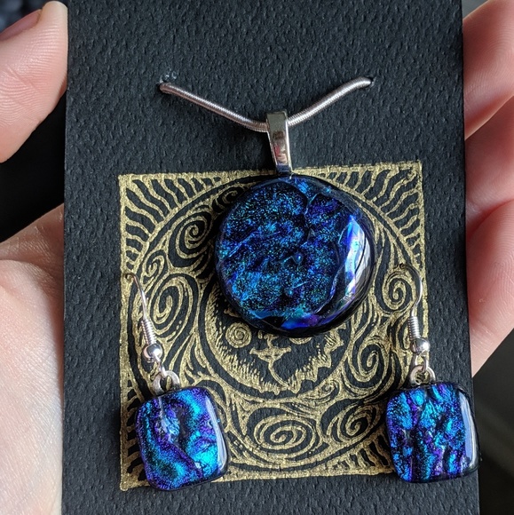 Blue Soft Glass Dichroic Pendant & Earring Set - Picture 3 of 4